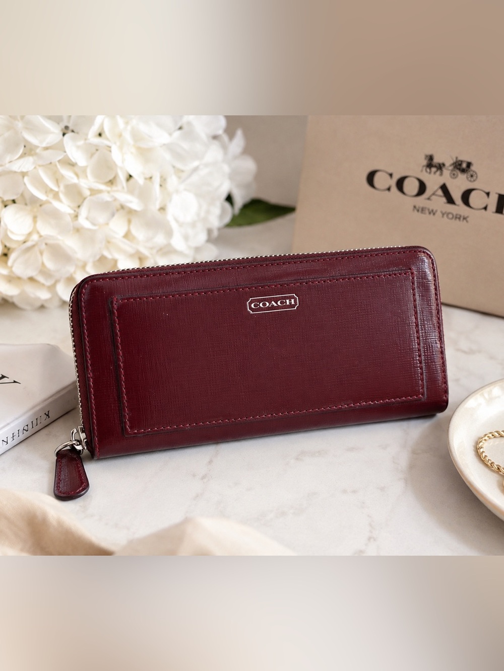Coach Burgundy Patent Leather Zip Around Accordion Wallet